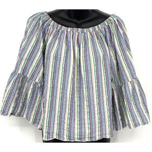 See by Chloe Top Blouse Women Size 36 4 Stripe Pink Blue Off Shoulder Ruffle B60